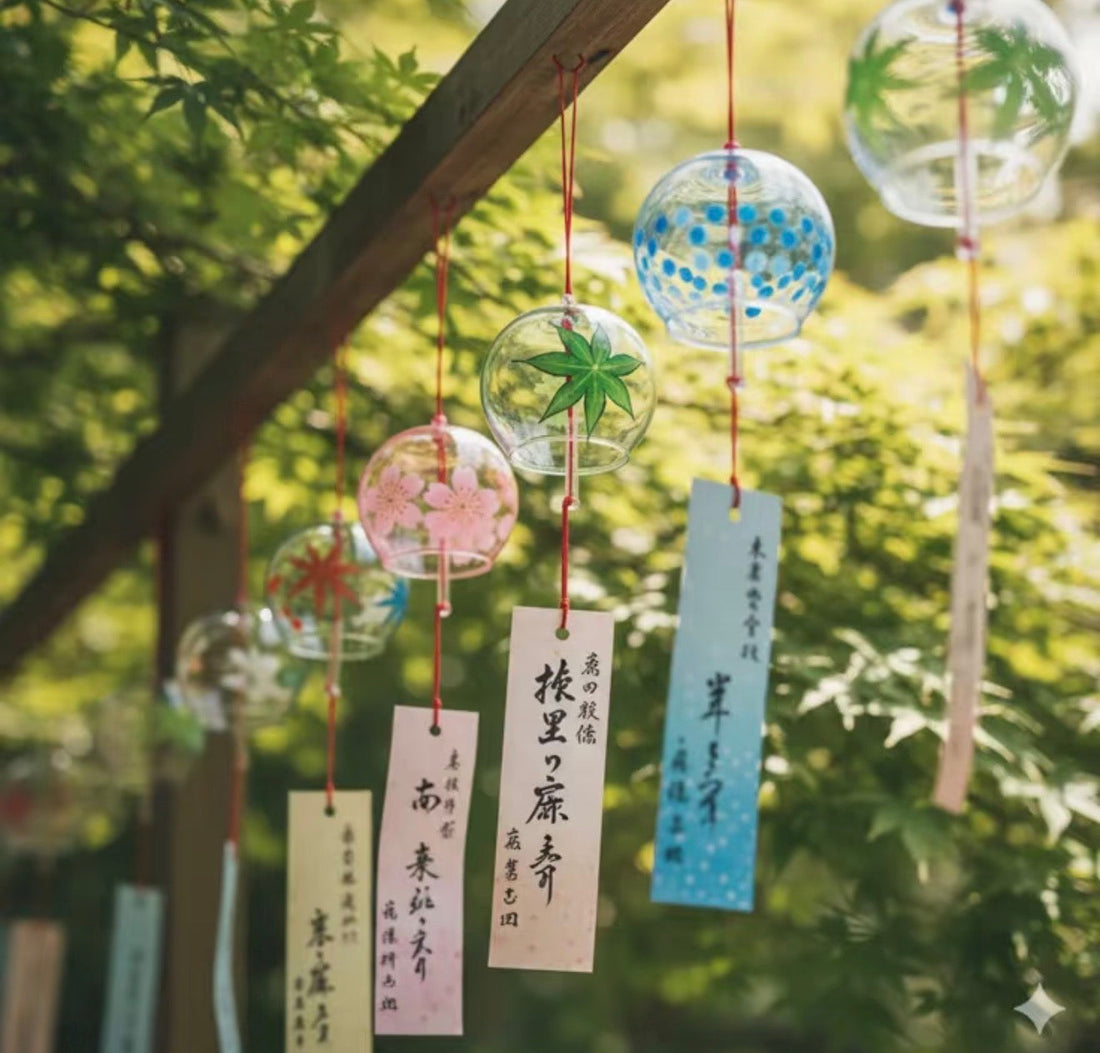 Japanese Sakura glass furin wind chime hanging outdoors