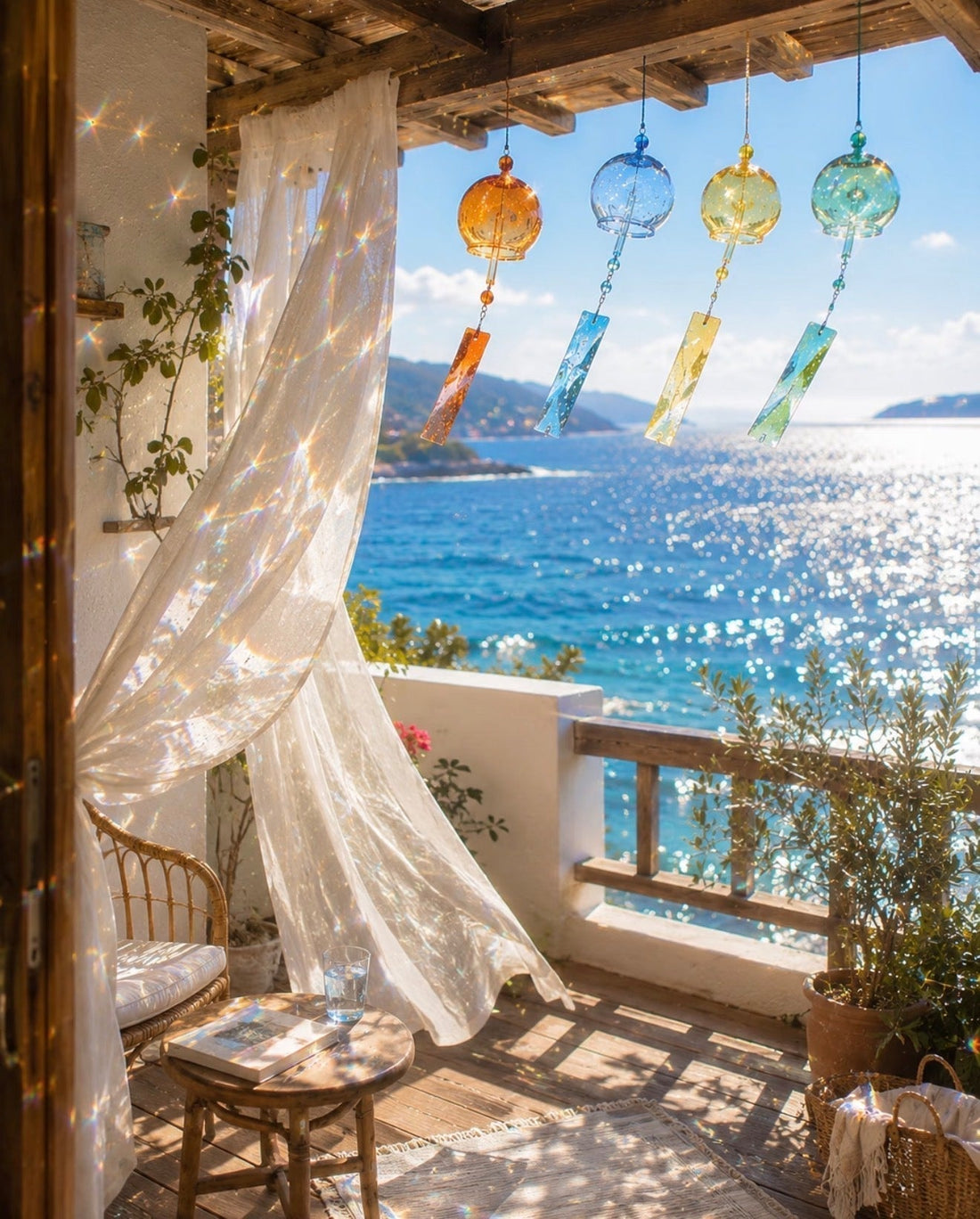 Clear Japanese glass furin wind chimes hanging under bamboo shade in a peaceful outdoor garden space