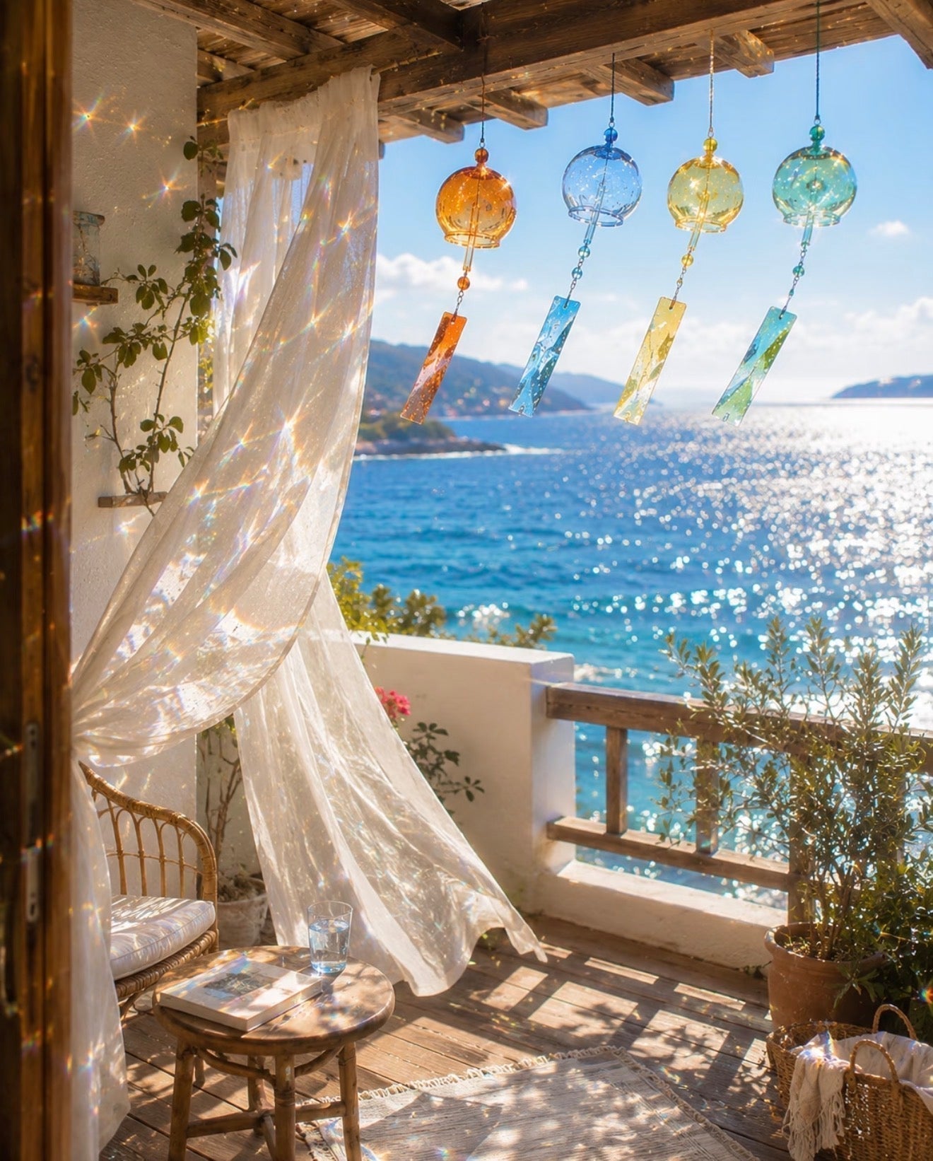Clear Japanese glass furin wind chimes hanging under bamboo shade in a peaceful outdoor garden space
