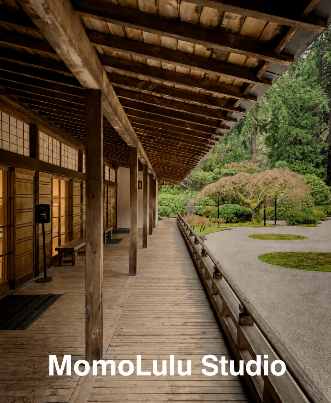 MomoLulu Studio Japanese-inspired garden scene with wooden walkway and peaceful traditional decor