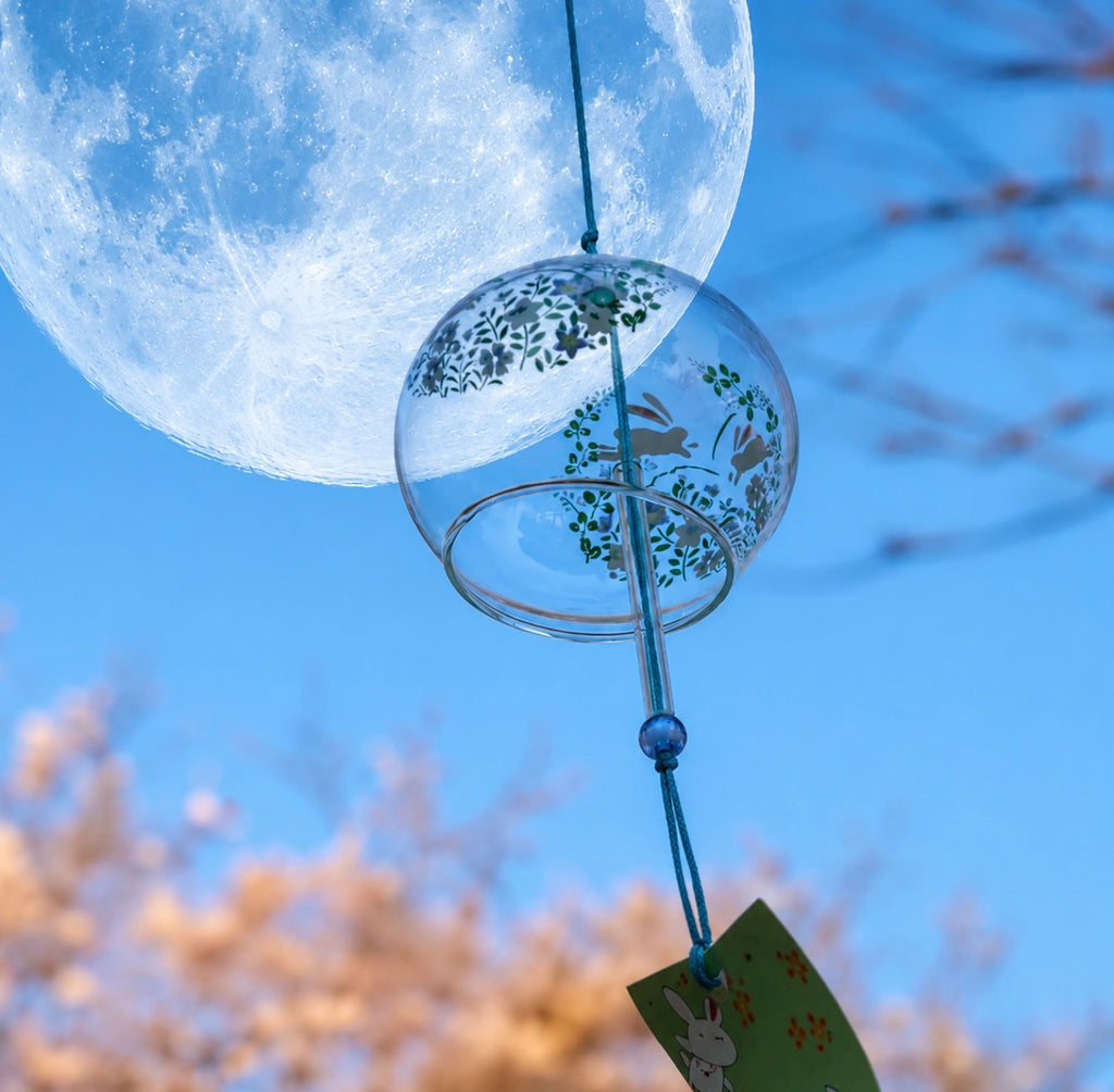 Japanese Glass Moon Bunny Wind Chime Lucky Rabbit Furin