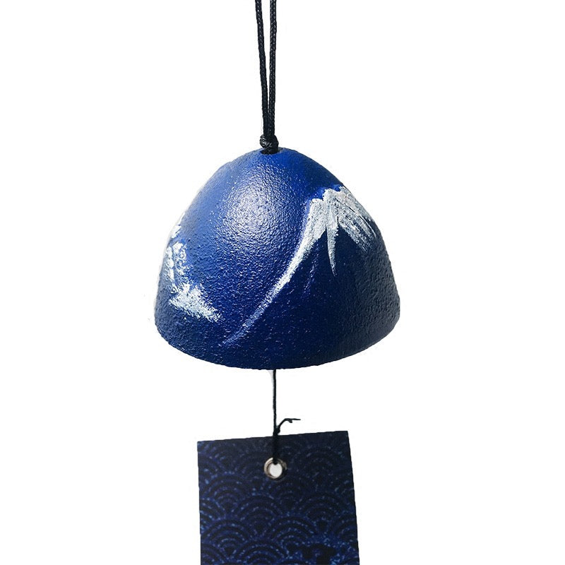 Studio product photo of a handcrafted blue Mount Fuji cast iron furin wind chime on a clean white background.