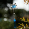 Personalized Japanese glass cat furin wind chime featuring a cute blue kitten design and blank blue paw-shaped Tanzaku tag.