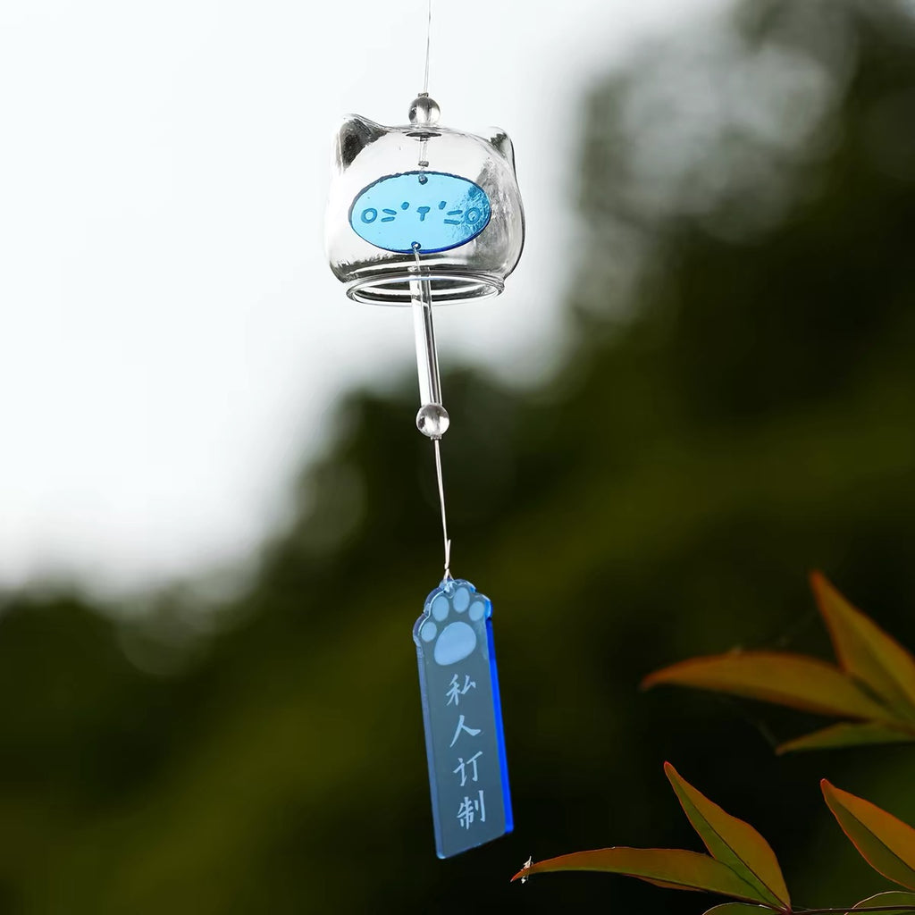 Personalized Japanese glass cat furin wind chime featuring a cute blue kitten design and custom hanging wish tag.