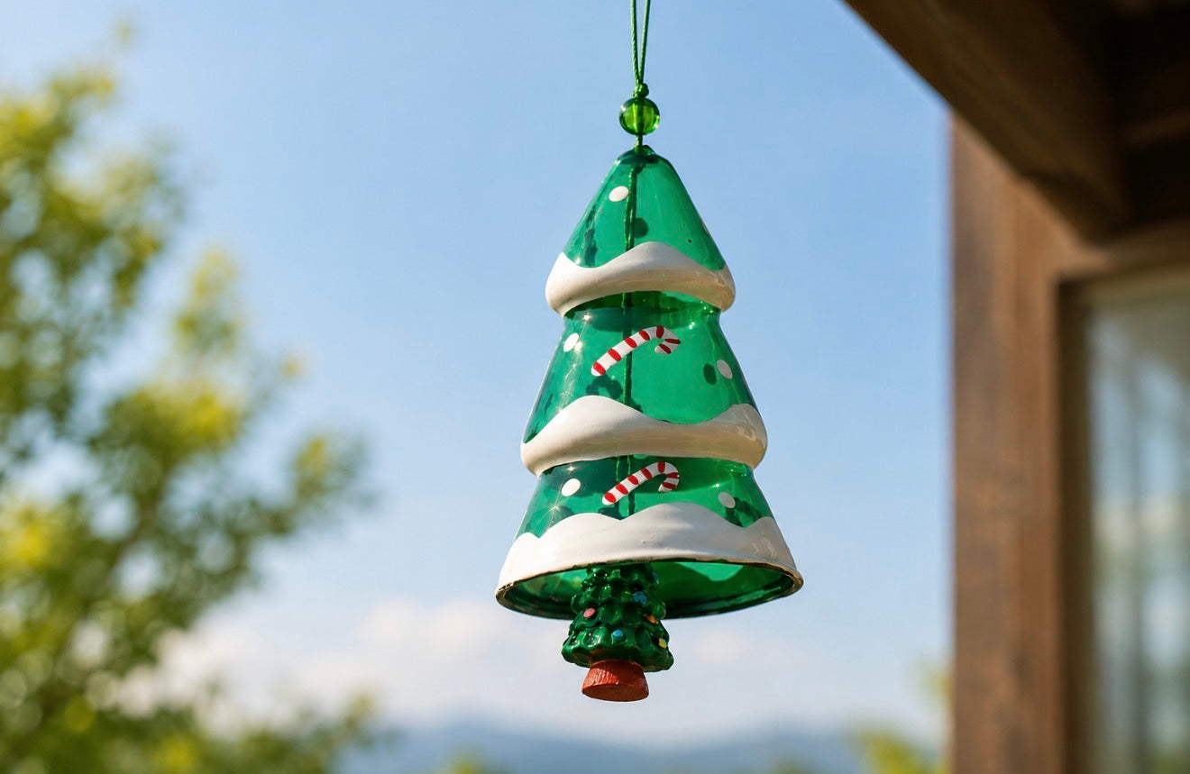 Green Christmas tree glass wind chime hanging outdoors under a roof with blue sky background