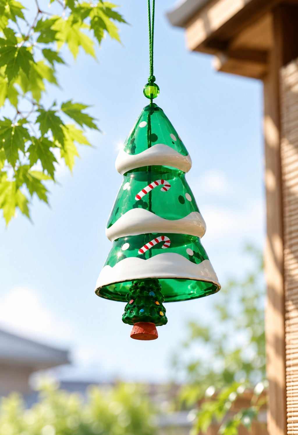 Green Christmas tree glass wind chime hanging in sunlight with maple leaves and holiday details