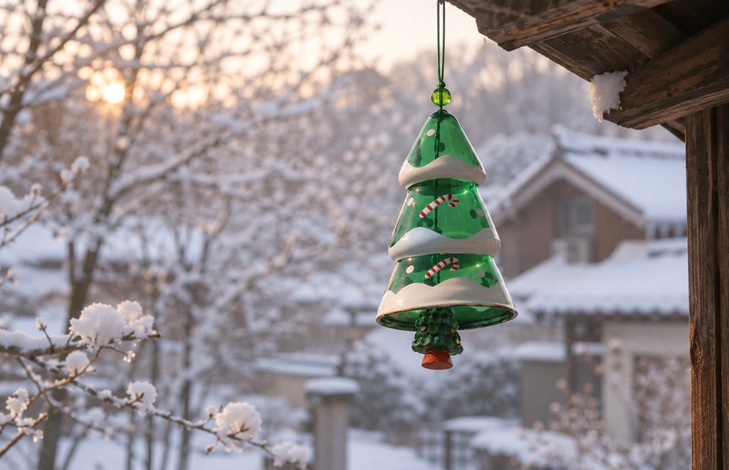 Japanese Christmas tree glass wind chime hanging outdoors in a peaceful snowy winter scene