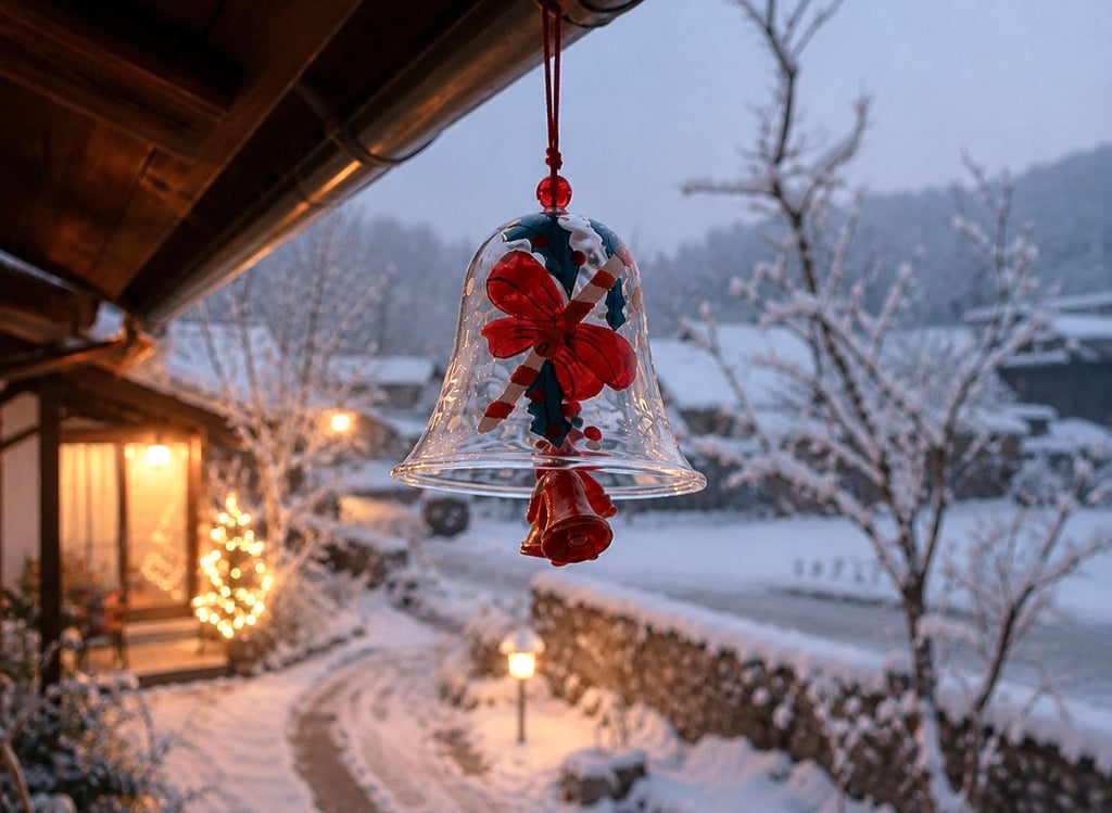Japanese Christmas red bell glass wind chime hanging under a roof in a snowy holiday garden
