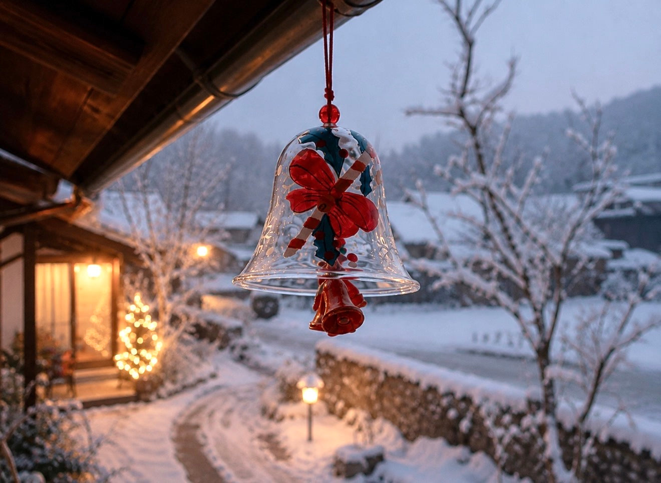 Japanese Christmas red bell glass wind chime hanging under a roof in a snowy holiday garden