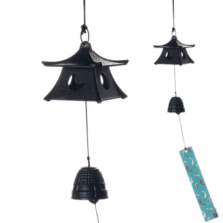 Japanese cast iron pagoda wind chimes displayed on a clean white background with tanzaku strip
