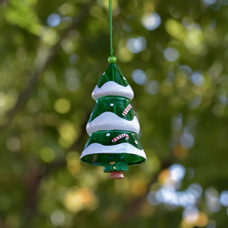 Red bell Christmas glass wind chime with hand-painted bow, holly, and holiday details
