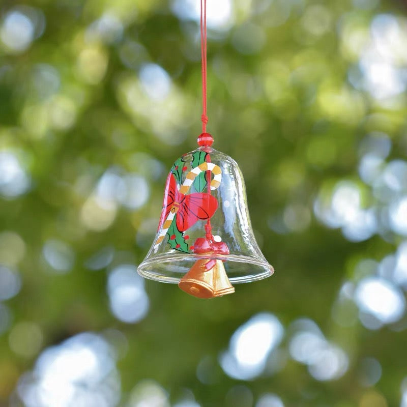 Red bell Christmas glass wind chime with hand-painted bow, holly, and holiday details