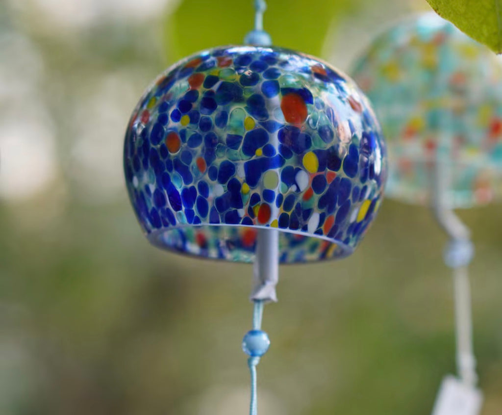 Japanese blue mosaic glass furin wind chime with colorful accents