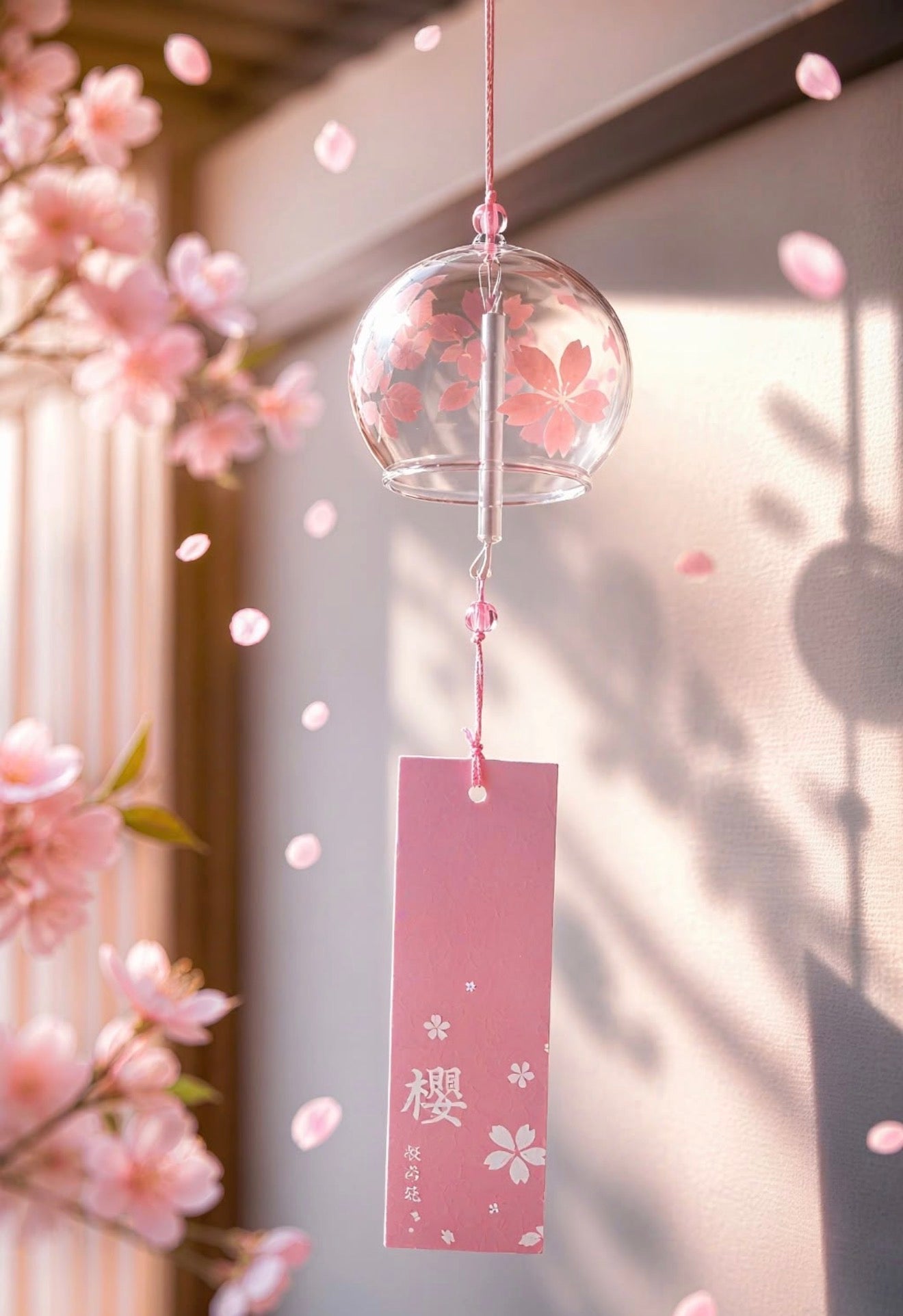 Handcrafted Japanese sakura glass furin wind chime with pink tanzaku tag hanging beside cherry blossoms in soft sunlight