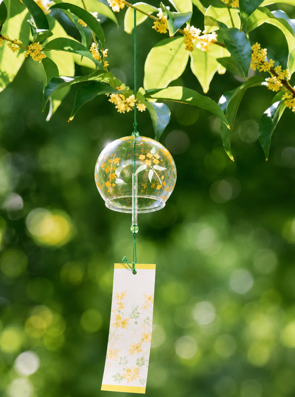Handcrafted Japanese osmanthus glass furin wind chime hanging beneath blooming yellow osmanthus flowers in a sunny garden